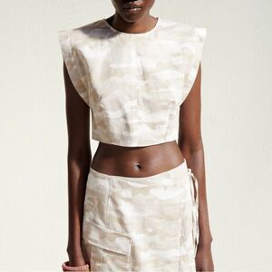 ZARA neutral tan camo linen blend cropped boxy fit short sleeve top size large